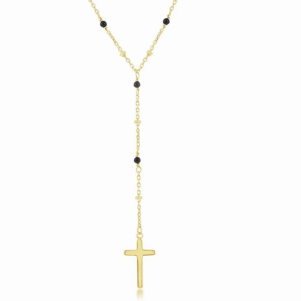 Sterling Silver GP Onyx and Plain Beads Cross Rosary Necklace