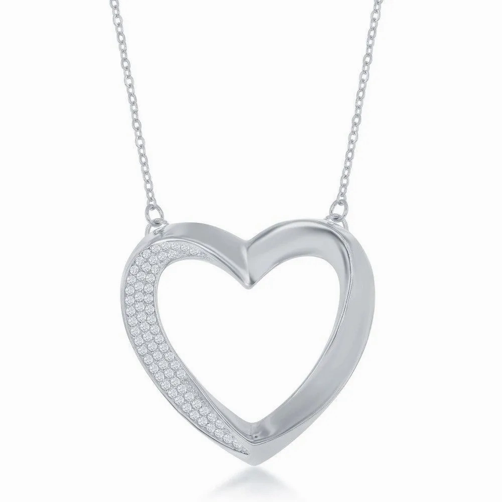 Sterling Silver Half Micro Pave Twisted Open Heart Necklace