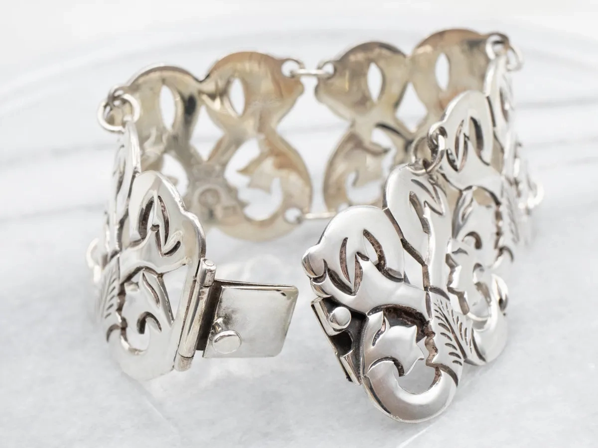Sterling Silver Mexican Wide Botanical Style Panel Link Bracelet