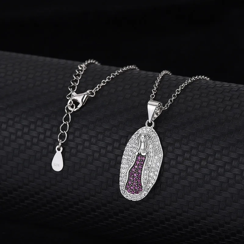 Sterling Silver Pink Colored Diamonds Virgin Mary Virgencita Necklace
