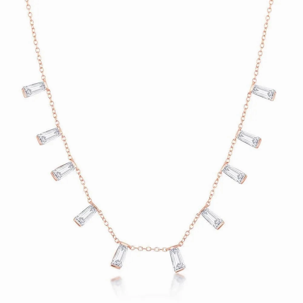 Sterling Silver Rose Gold Plated Dangling Baguettes Necklace