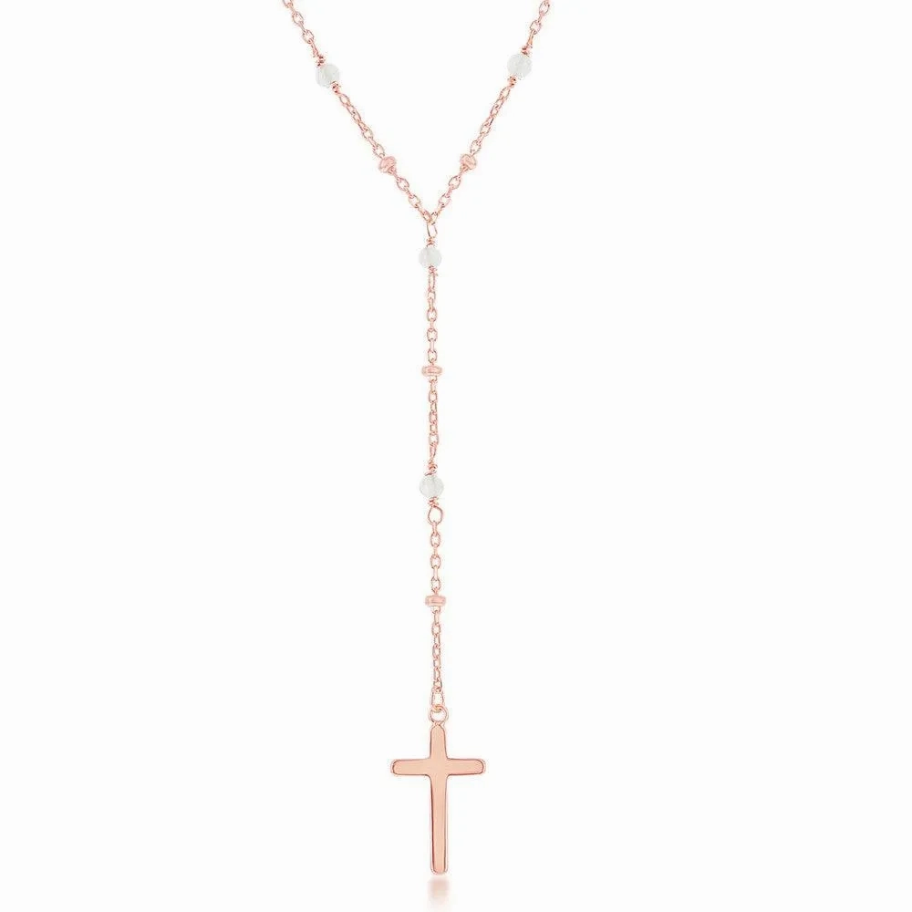 Sterling Silver Rose Quartz &amp; Plain Beads Cross Rosary Necklace