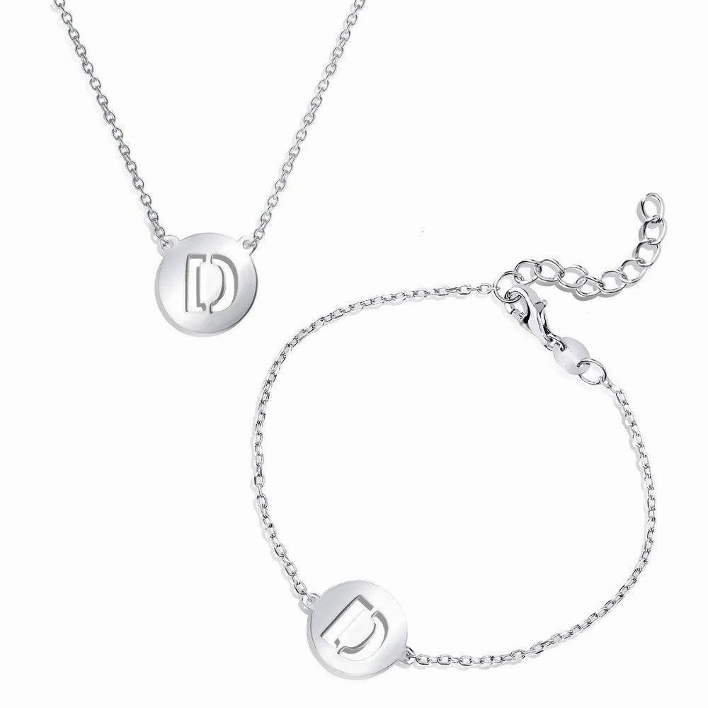 Sterling Silver Shiny 'D' Disc Initial Bracelet and Necklace Set