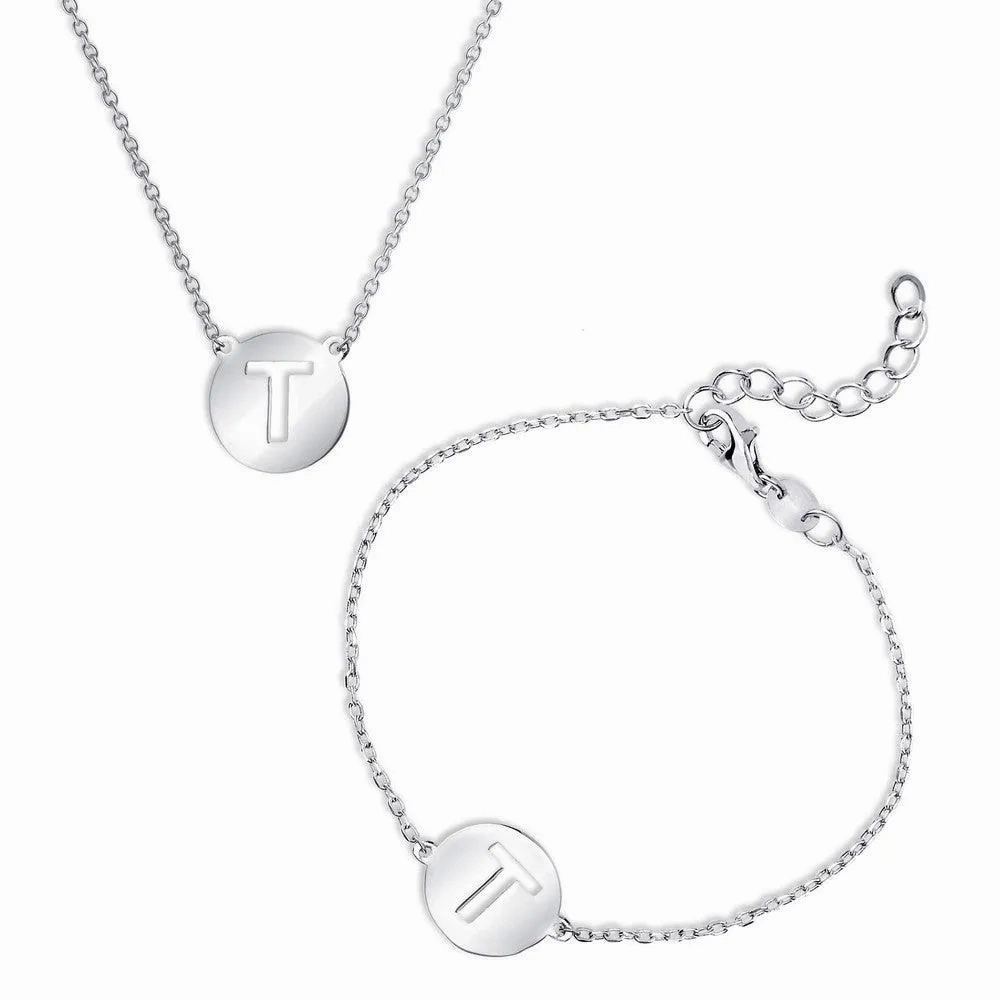 Sterling Silver Shiny 'T' Disc Initial Bracelet and Necklace Set