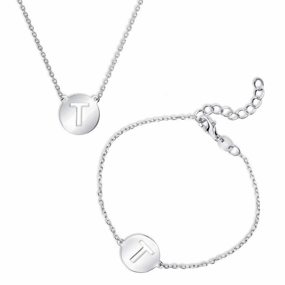 Sterling Silver Shiny 'T' Disc Initial Bracelet and Necklace Set