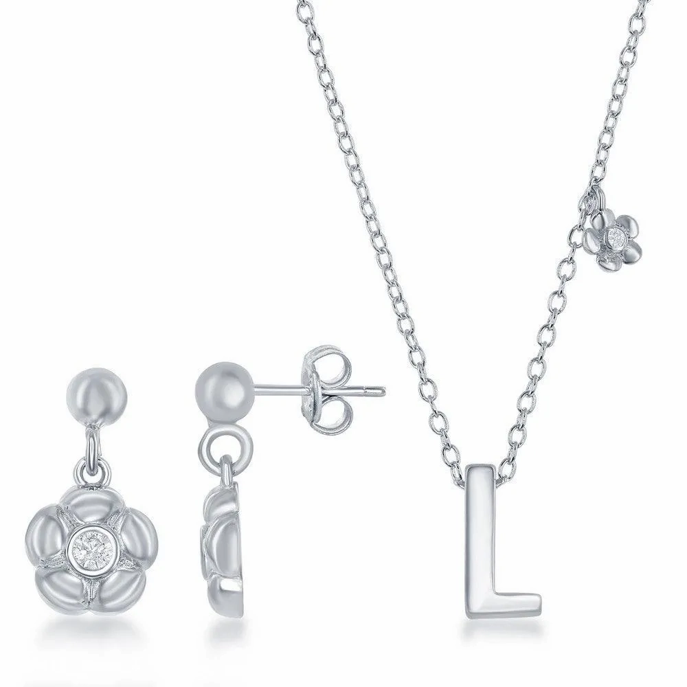 Sterling Silver Shiny &quot;L&quot; Necklace and Earrings Set