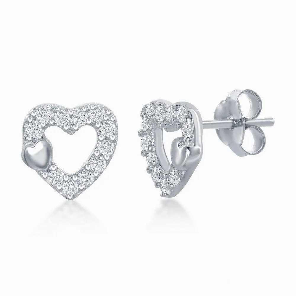 Sterling Silver Small Open CZ Heart Necklace and Earrings Set