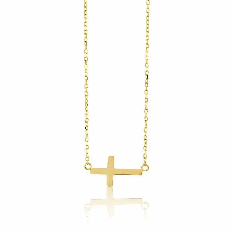 Sterling Silver Small Sideways Cross Necklace - Gold Plated