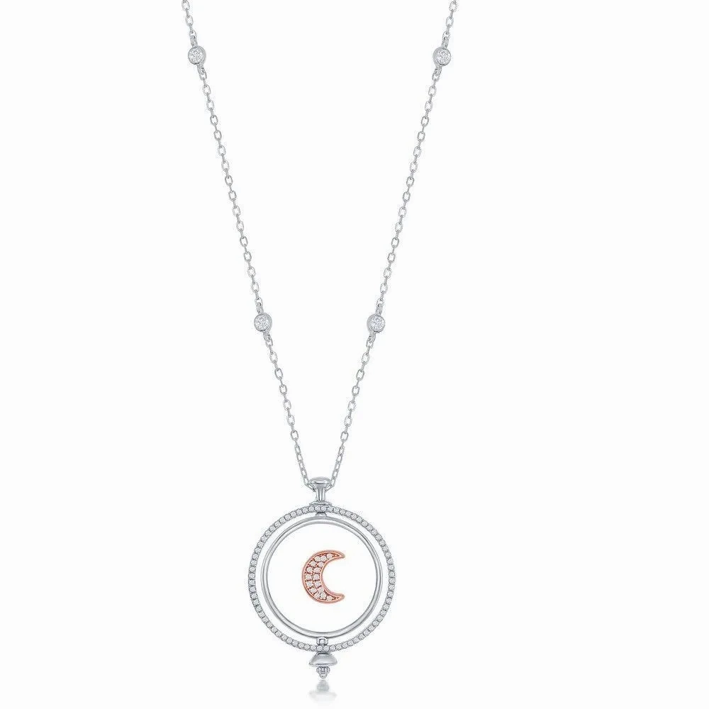 Sterling Silver Spinning Disc Crescent Moon with CZ Necklace