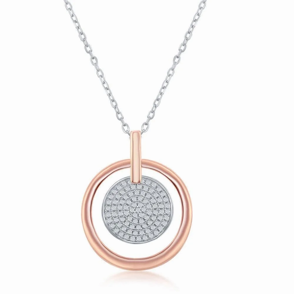 Sterling Silver TT Micro Pave Disc Rose GP Circle Necklace