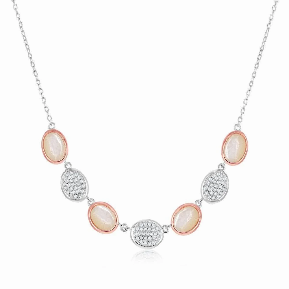 Sterling Silver Two-Tone Oval Micro Pave and MOP Necklace