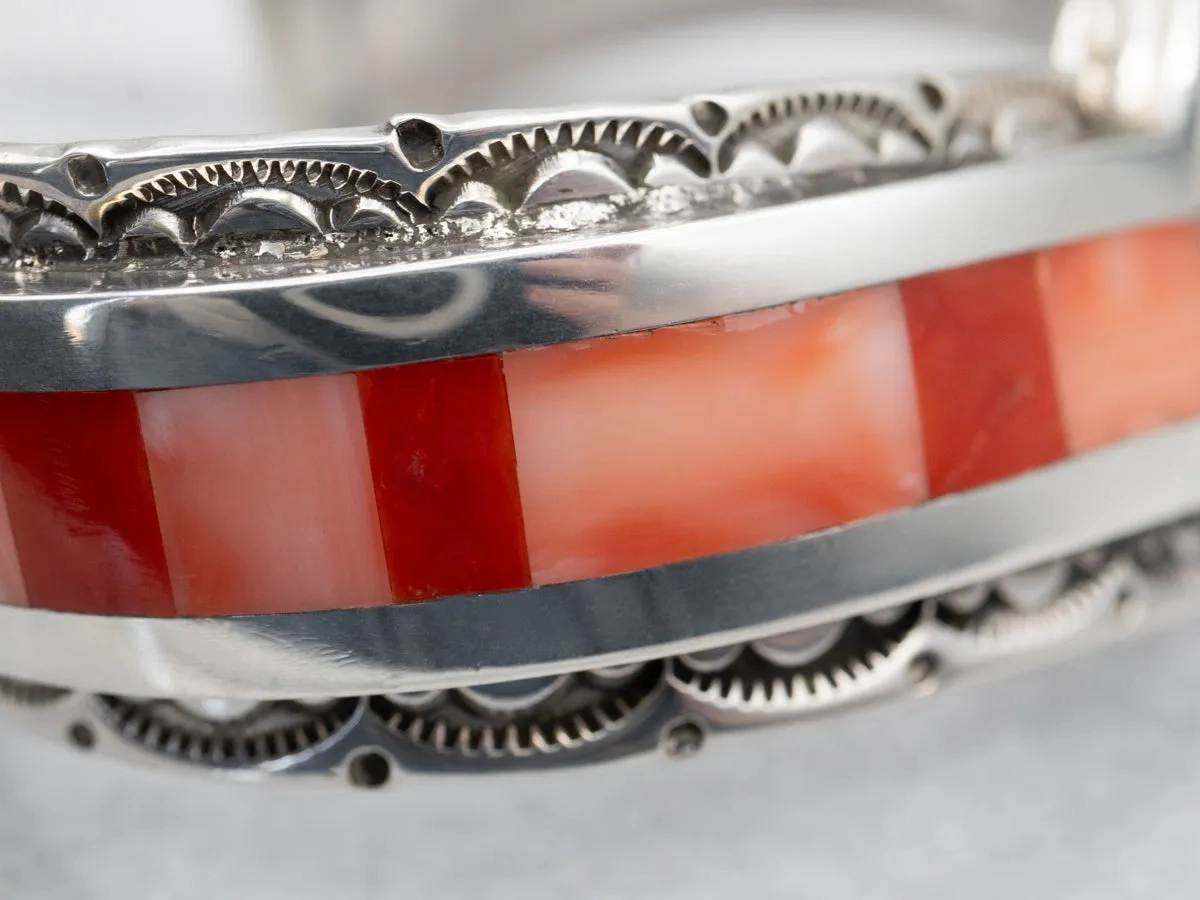 Sterling Silver Zuni Made Coral and Spiny Oyster Cuff Bracelet