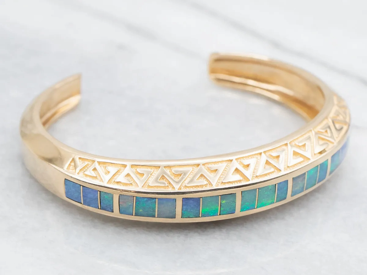 Stunning Yellow Gold Opal Inlay Cuff Bracelet