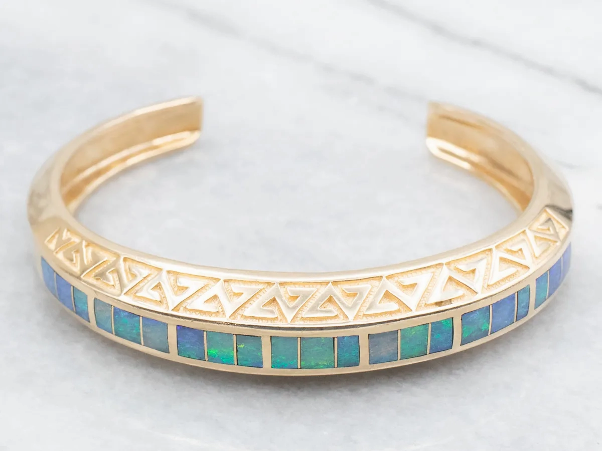 Stunning Yellow Gold Opal Inlay Cuff Bracelet