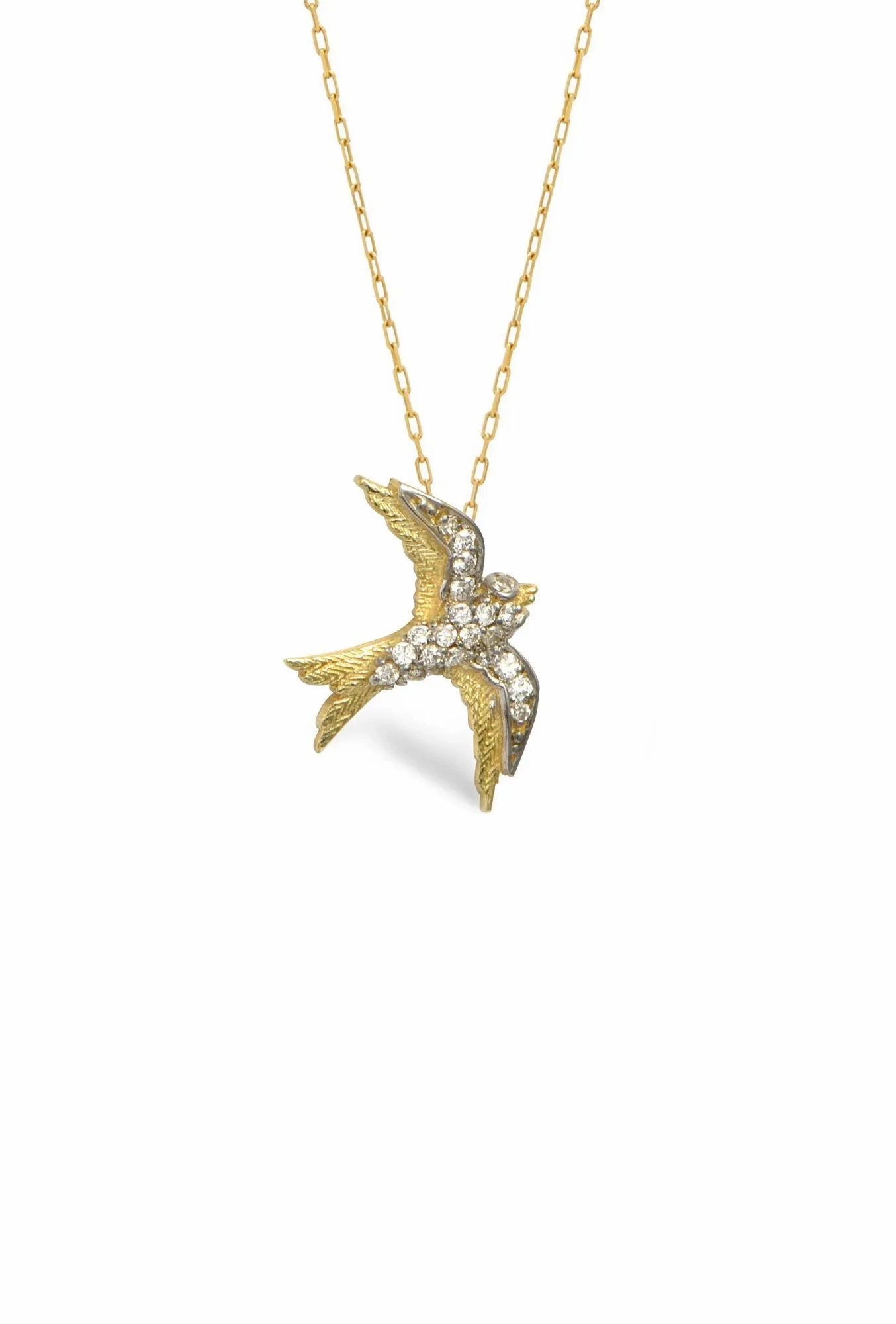 Swallow Bird 14K Gold Necklace w. Diamonds