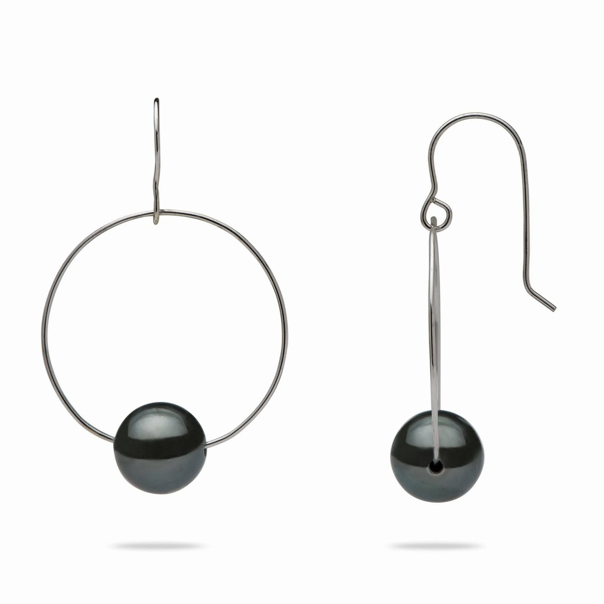Tahitian Black Pearl Earrings in White Gold - 9-10mm