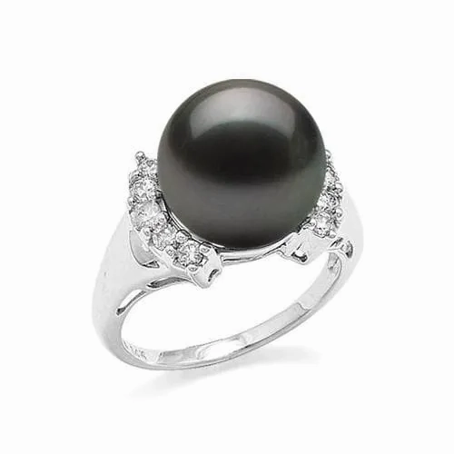 Tahitian Black Pearl Ring in White Gold with Diamonds - 12-13mm
