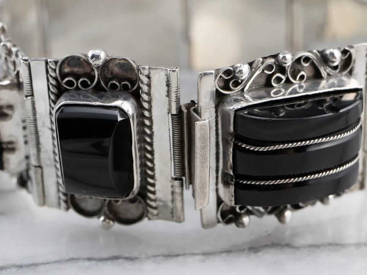 Taxco Mexican Sterling Silver Black Onyx Bracelet