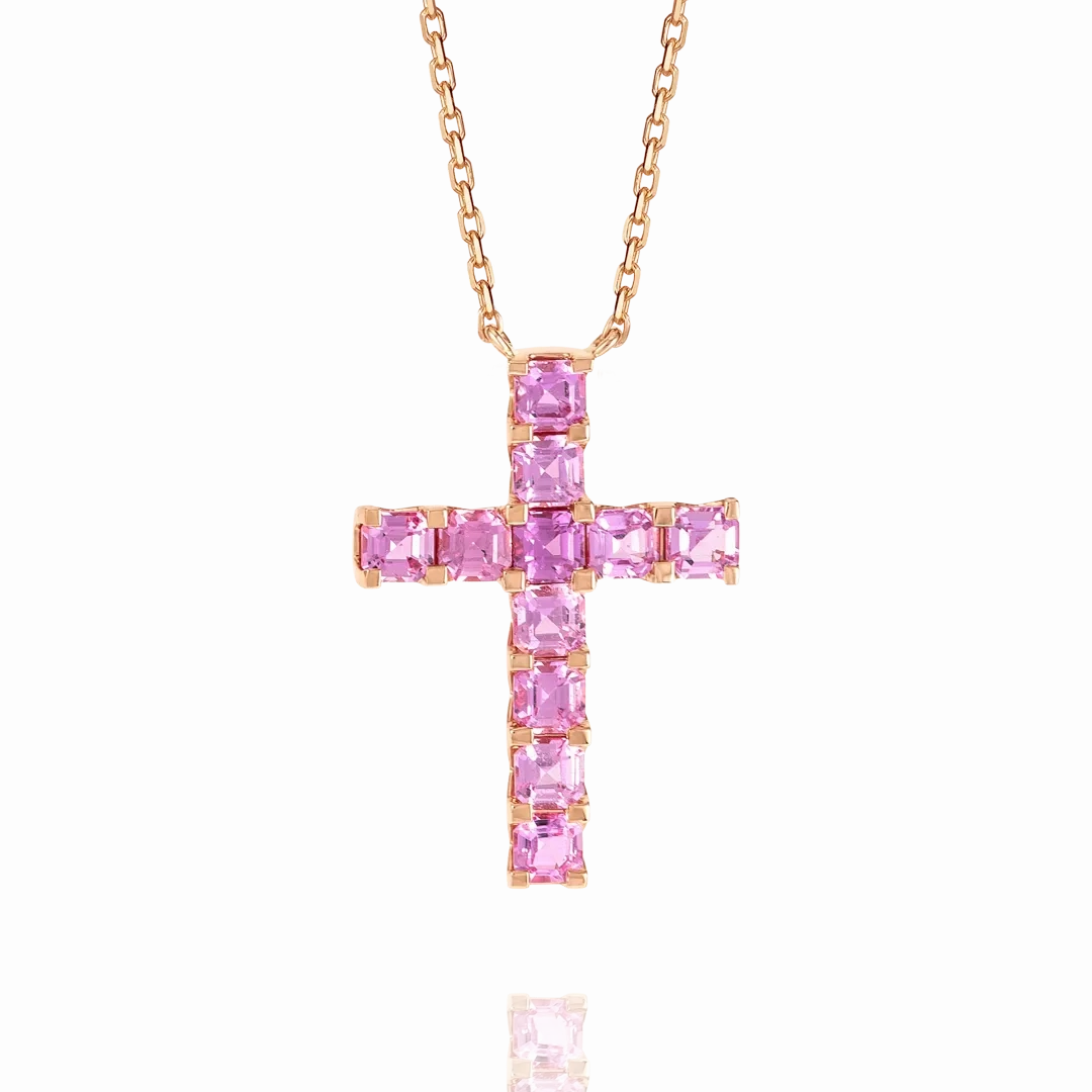 Thin Asscher Pink Sapphire Cross Pendant Rose Gold