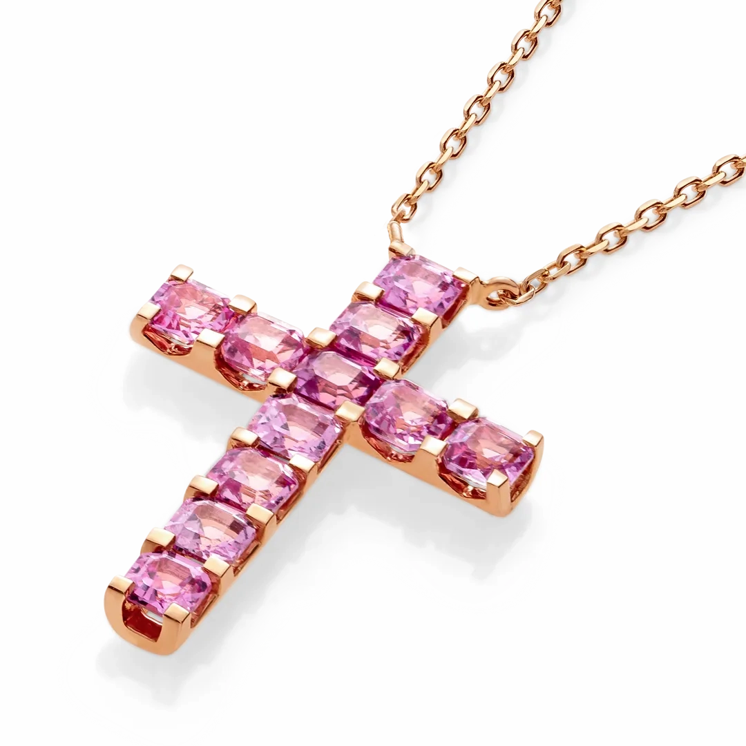 Thin Asscher Pink Sapphire Cross Pendant Rose Gold