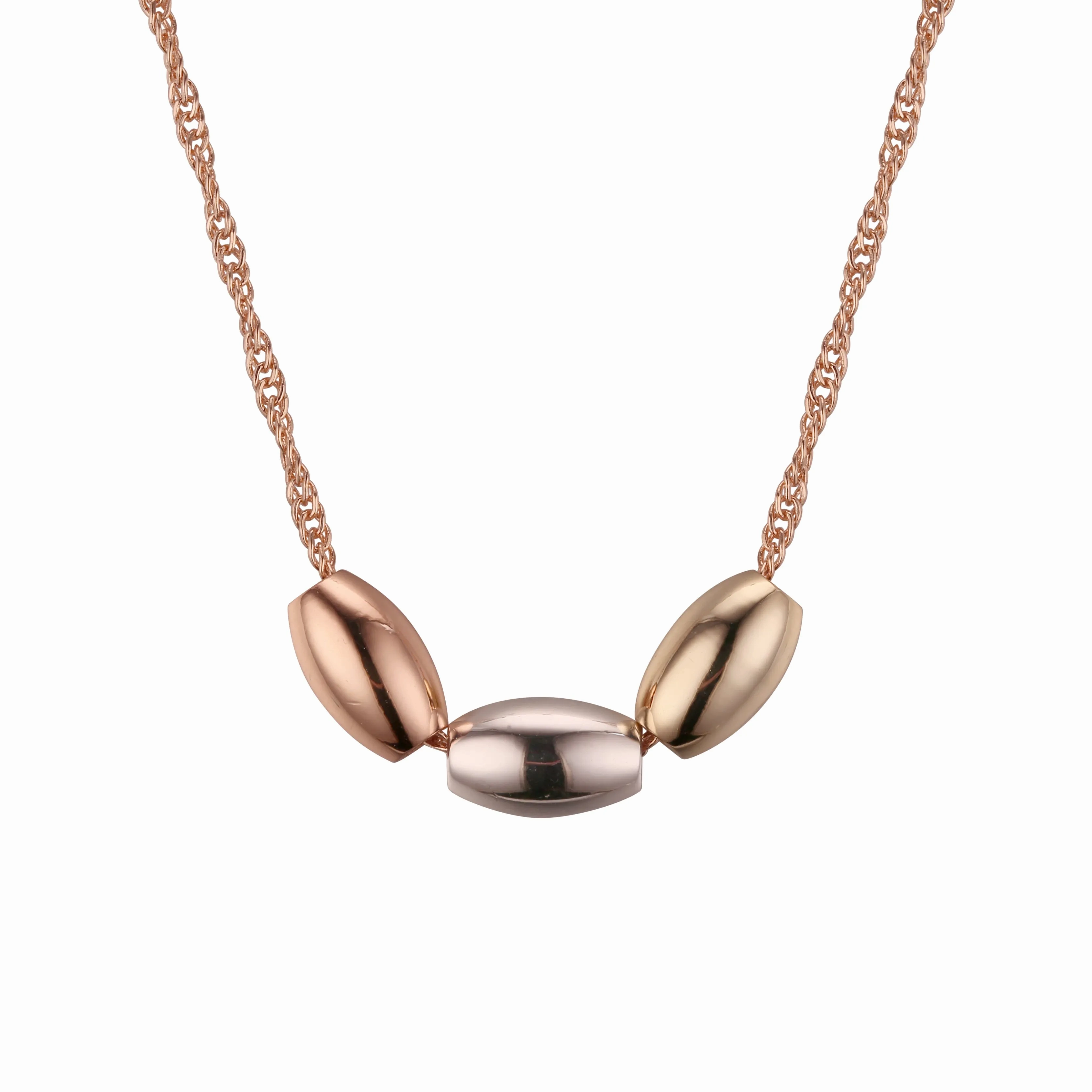 Three glossy bucket beads necklaces plated in White Gold, 14K Gold, Rose Gold, three tone