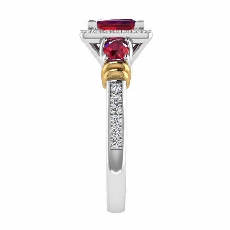 Three Stone Ruby and Diamond Halo Ring 14K Gold