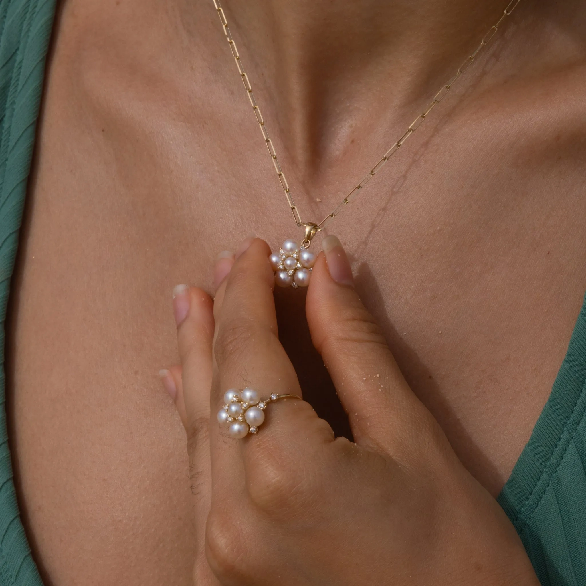 Tiny Bubbles Freshwater White Pearl Pendant in Gold with Diamonds