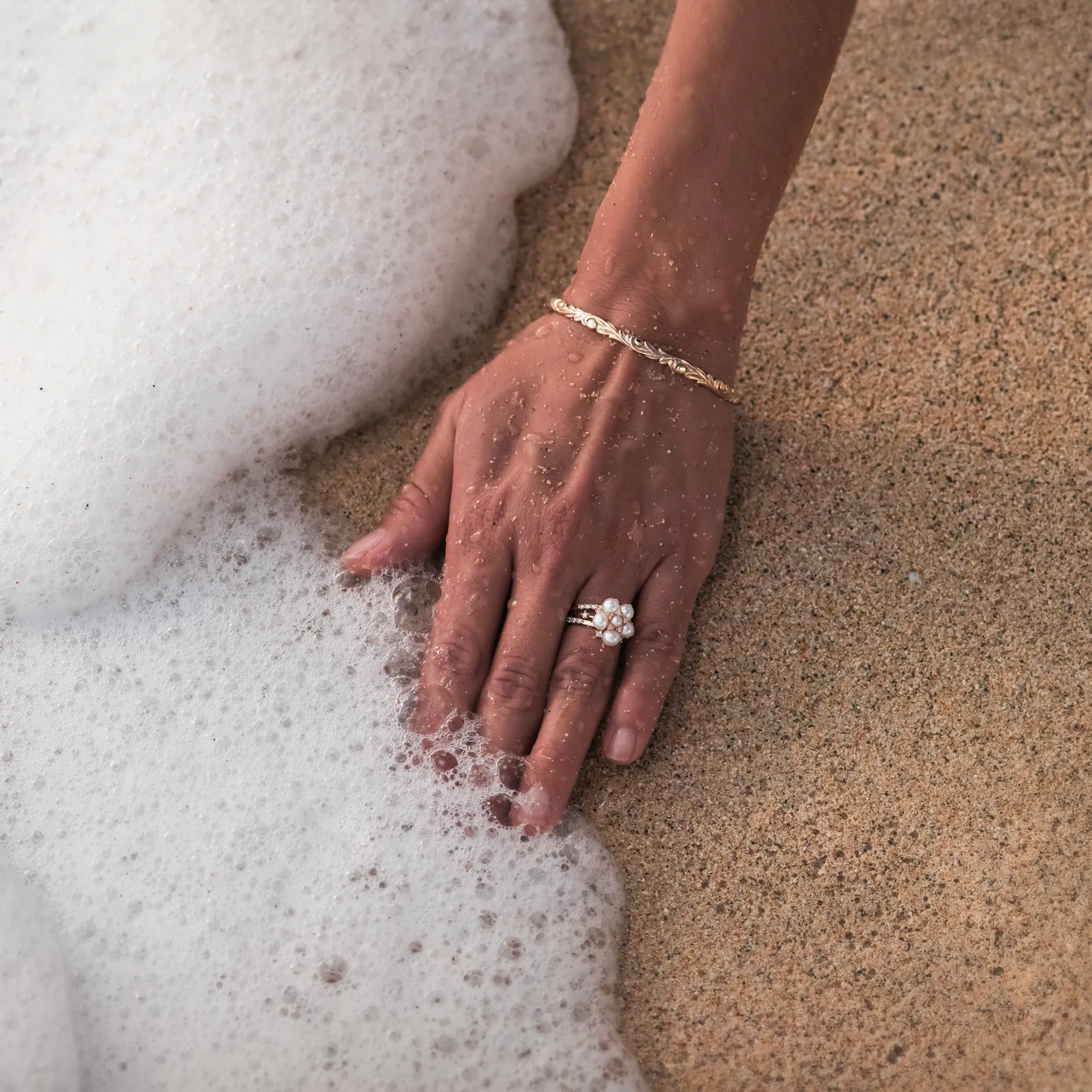 Tiny Bubbles Freshwater White Pearl Ring in Gold with Diamonds