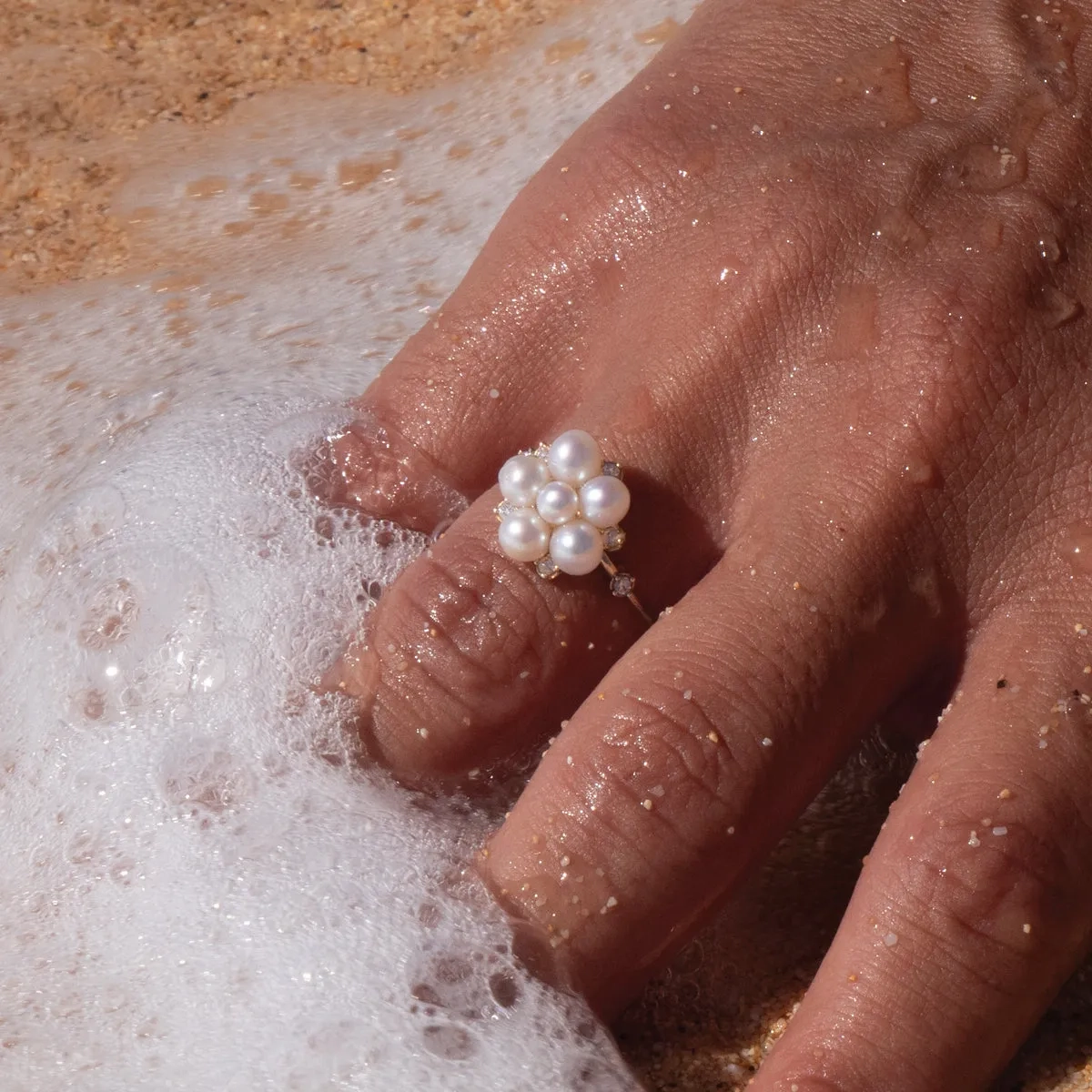 Tiny Bubbles Freshwater White Pearl Ring in Gold with Diamonds