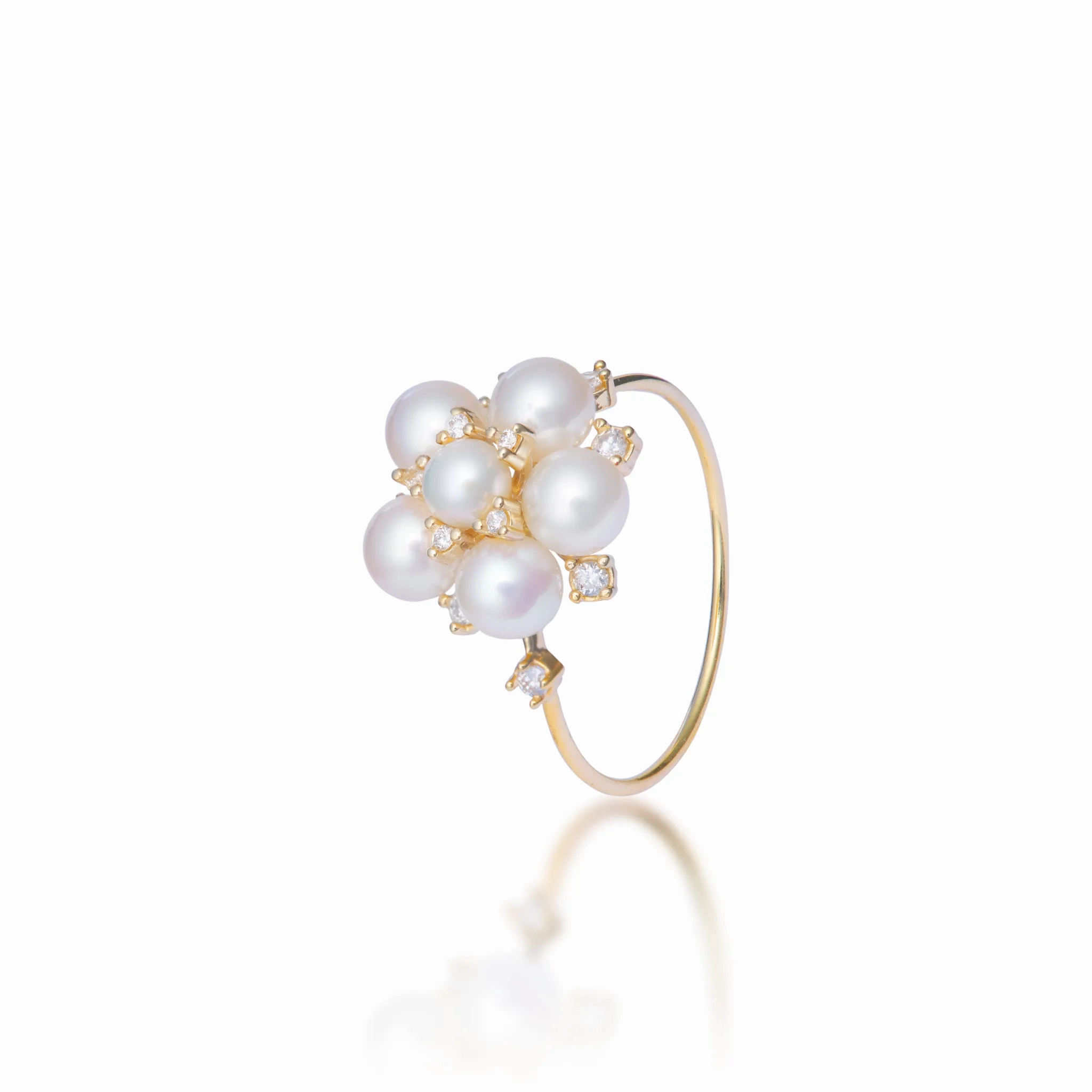 Tiny Bubbles Freshwater White Pearl Ring in Gold with Diamonds