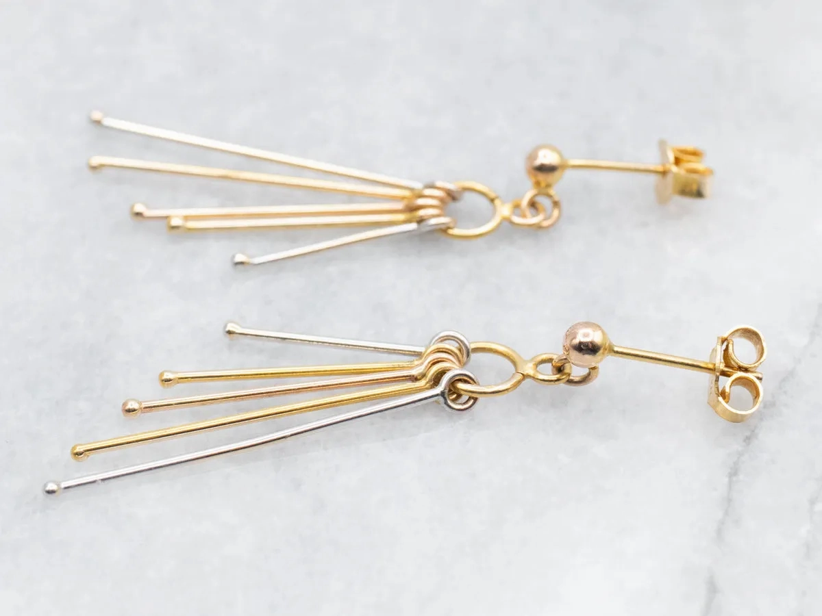 Tri Color Yellow, White, and Rose Gold Bar Tassel Drop Earrings