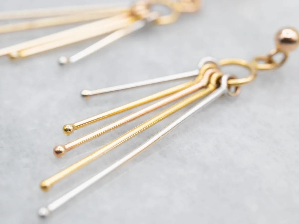 Tri Color Yellow, White, and Rose Gold Bar Tassel Drop Earrings