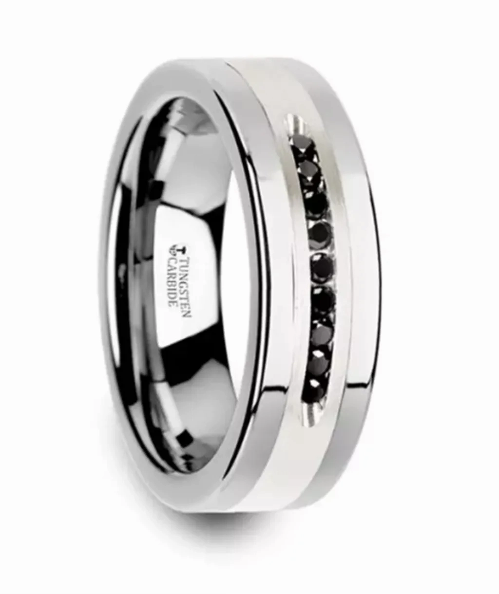 Tungsten ??Blackstone?? 8mm Silver Inlay Center And Black Diamonds Flat Wedding Band