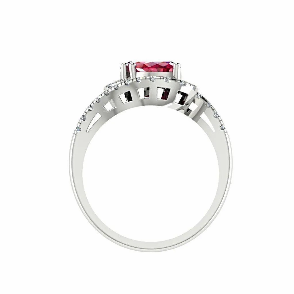 Twin Pear Rubies Diamond Ring 14K Gold Wave Band