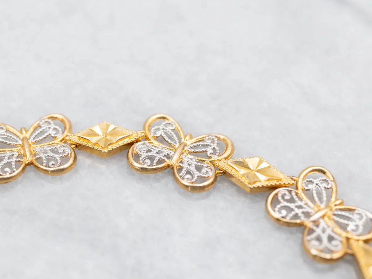 Two Tone Gold Filigree Butterfly Link Bracelet