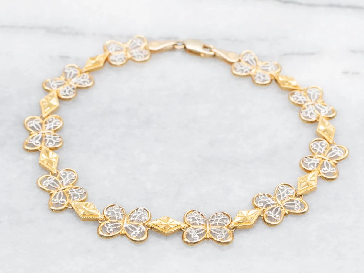 Two Tone Gold Filigree Butterfly Link Bracelet