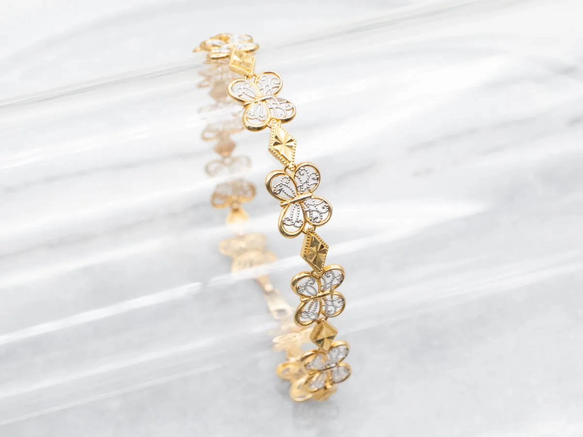 Two Tone Gold Filigree Butterfly Link Bracelet