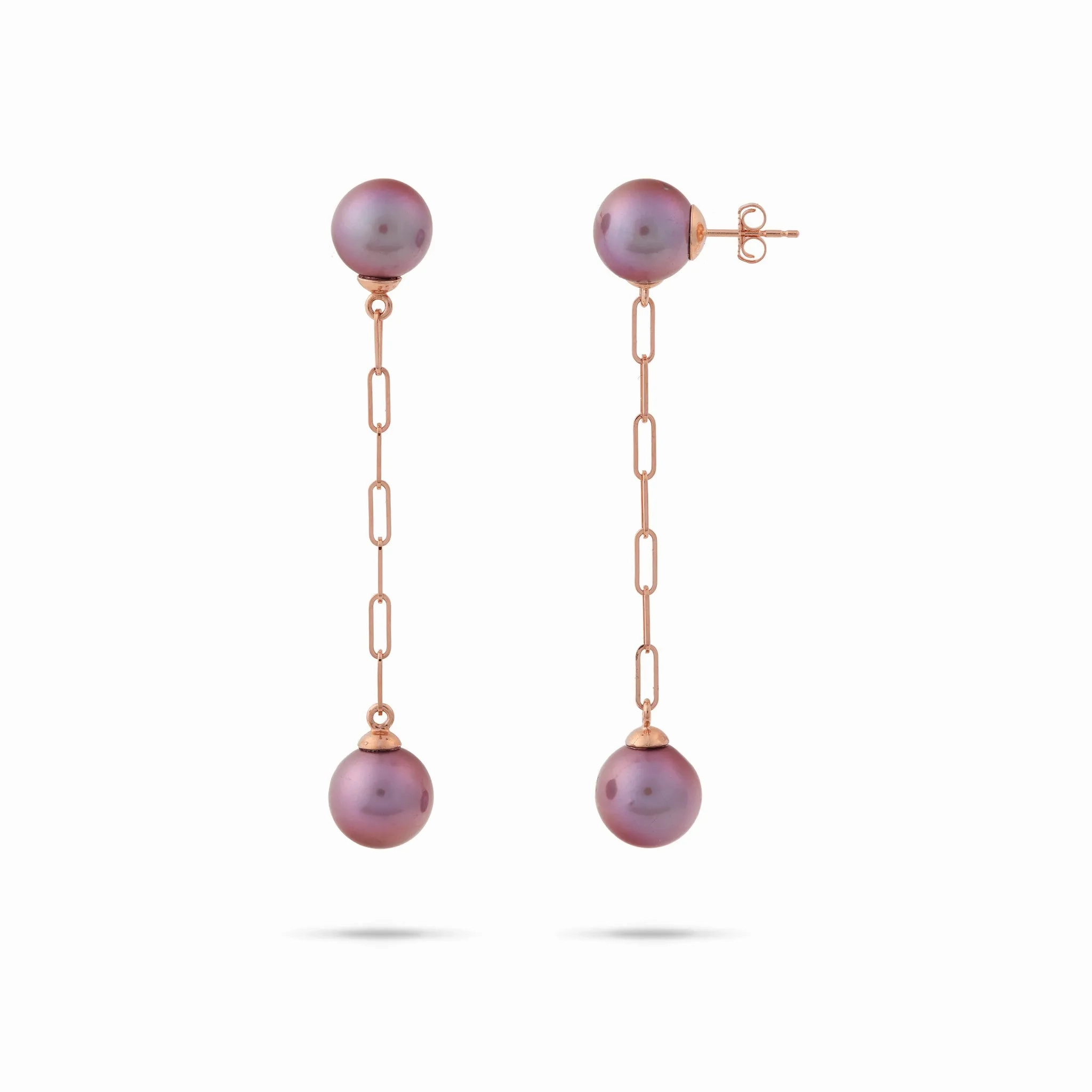 Ultraviolet Freshwater Pearl Paperclip Chain Earrings in Rose Gold - 9-10mm