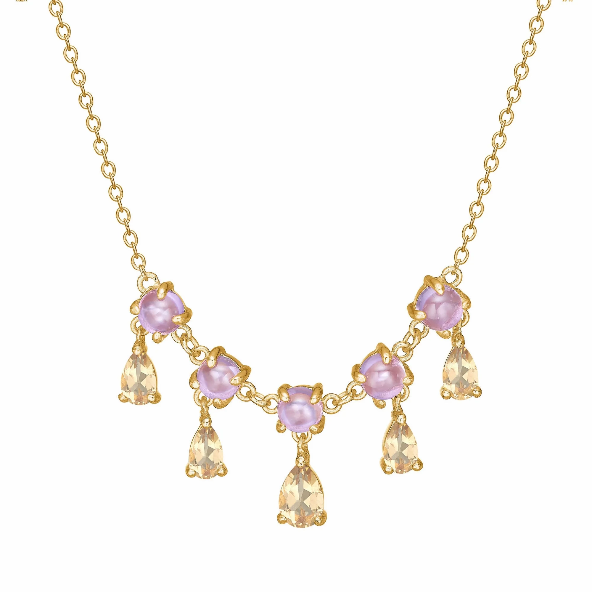 Unicorn 18K Gold Plated Necklace w. Amethyst &amp; pear cut Quartz
