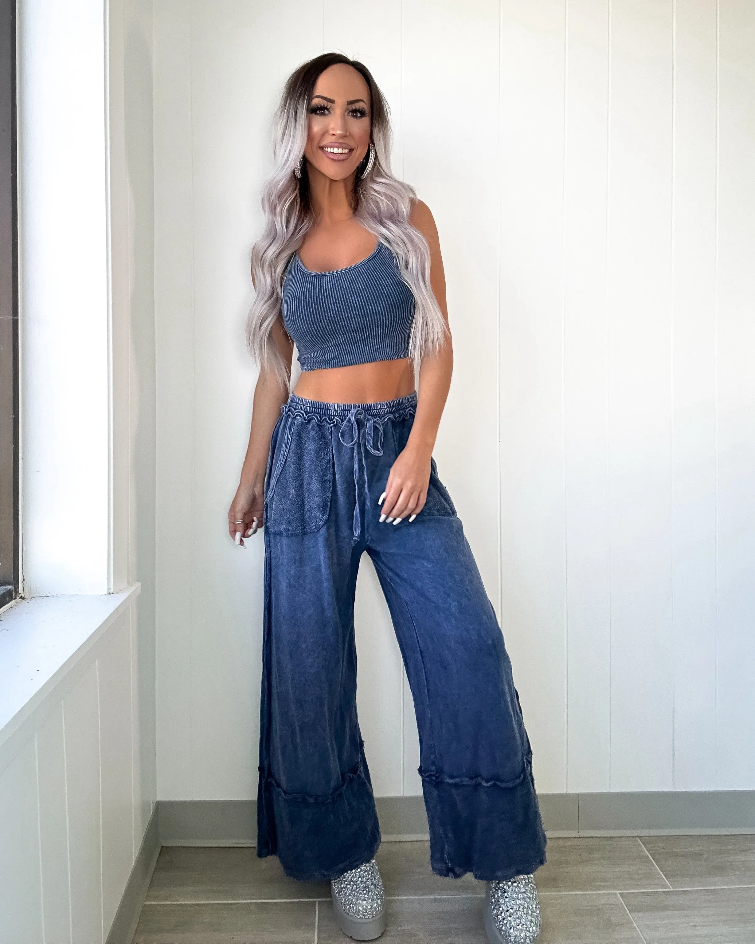 Als Nächstes: Roher Saum Weite Bein Hose - Marineblau