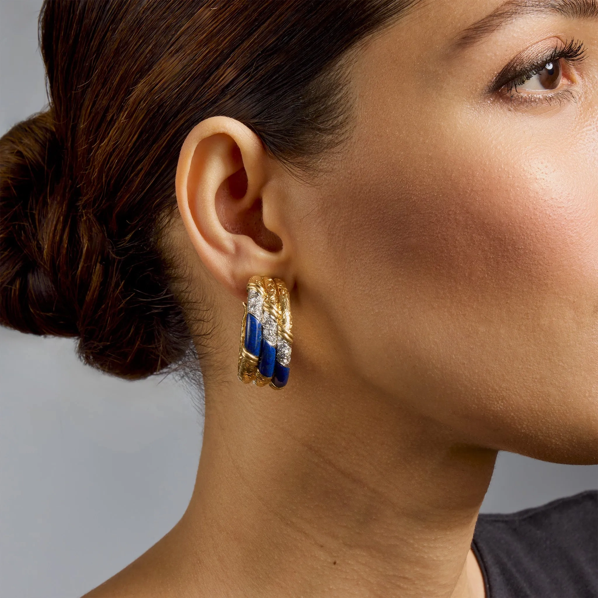 Van Cleef &amp; Arpels Mid-century Lapis and Diamond Hoop Earrings