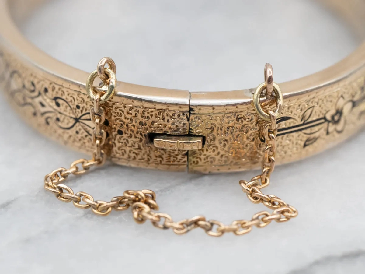 Victorian Engraved Black Enamel Hinged Bracelet with Safety Chain