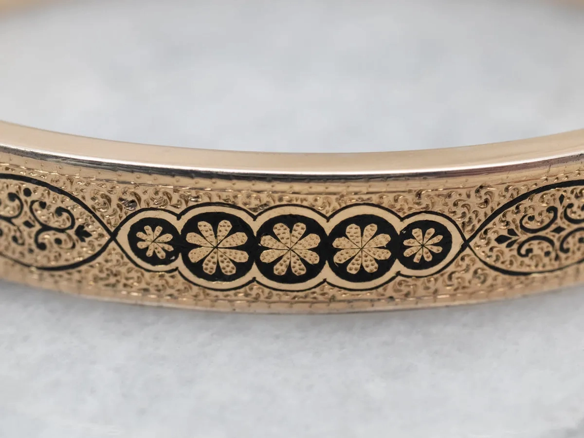 Victorian Engraved Black Enamel Hinged Bracelet with Safety Chain