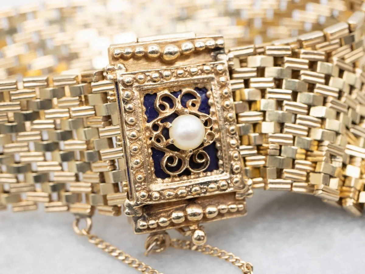 Victorian Revival Pearl and Blue Enamel Mesh Slide Bracelet