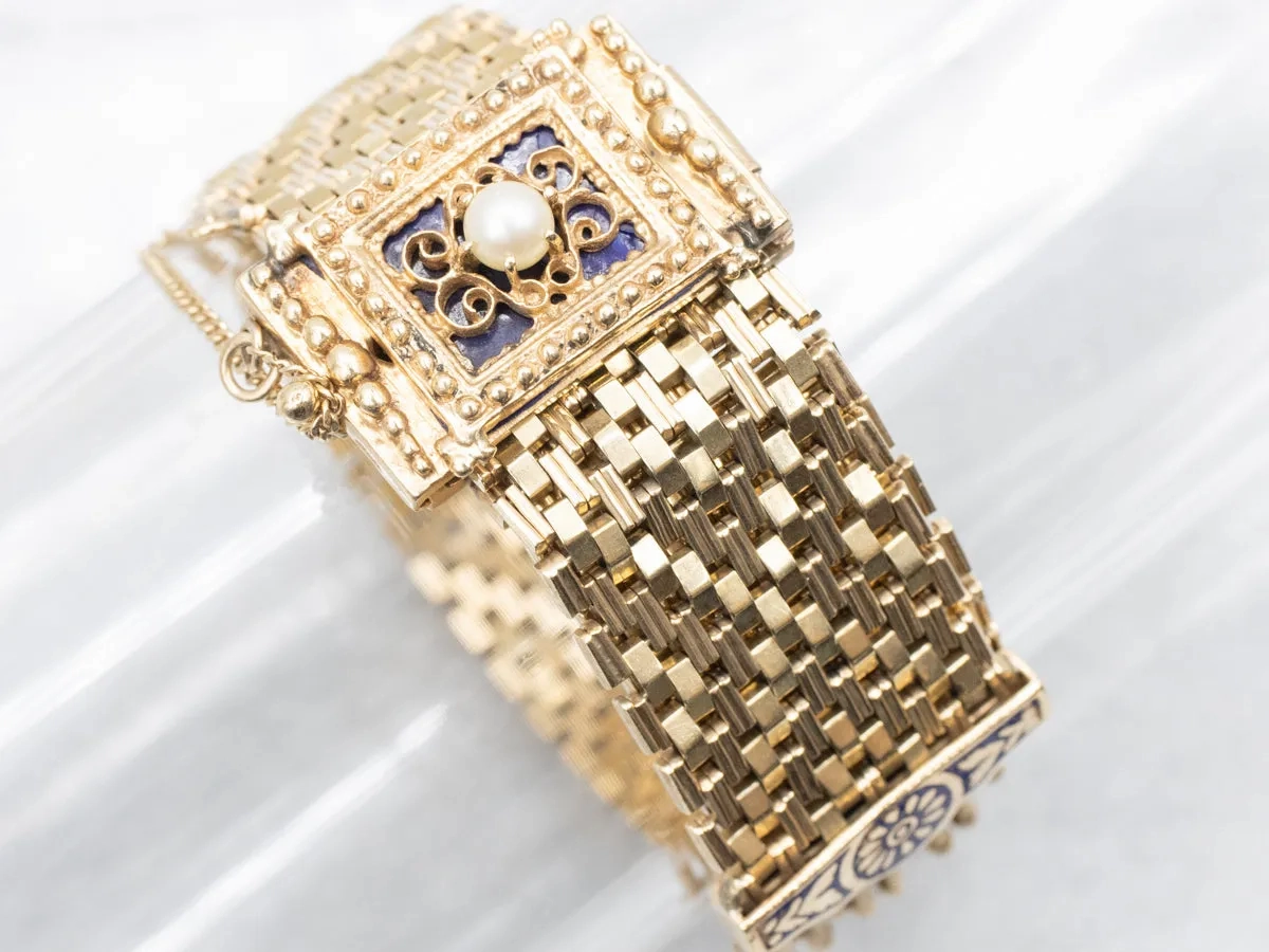 Victorian Revival Pearl and Blue Enamel Mesh Slide Bracelet
