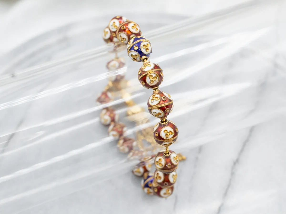 Vintage Cloisonn?? Beaded Gold Tassel Bracelet