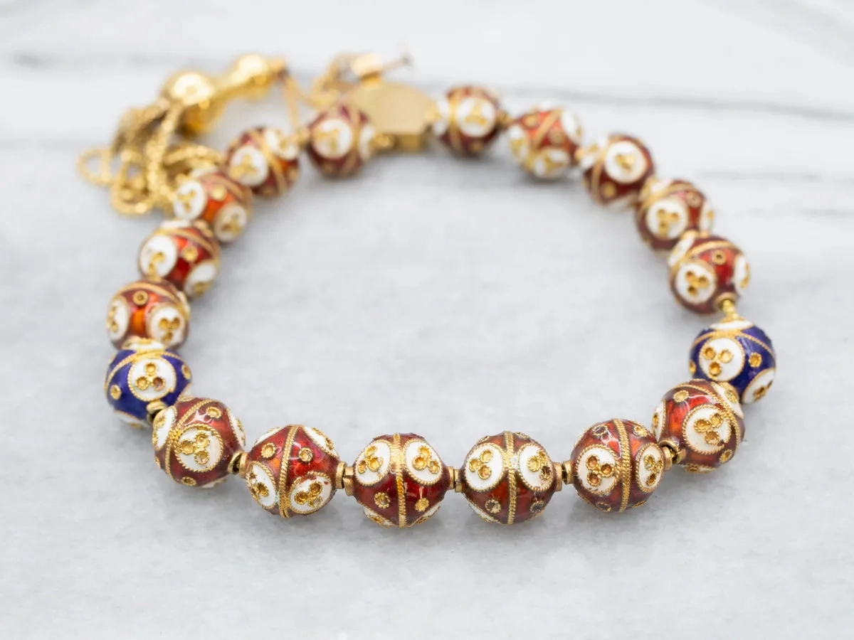 Vintage Cloisonn?? Beaded Gold Tassel Bracelet