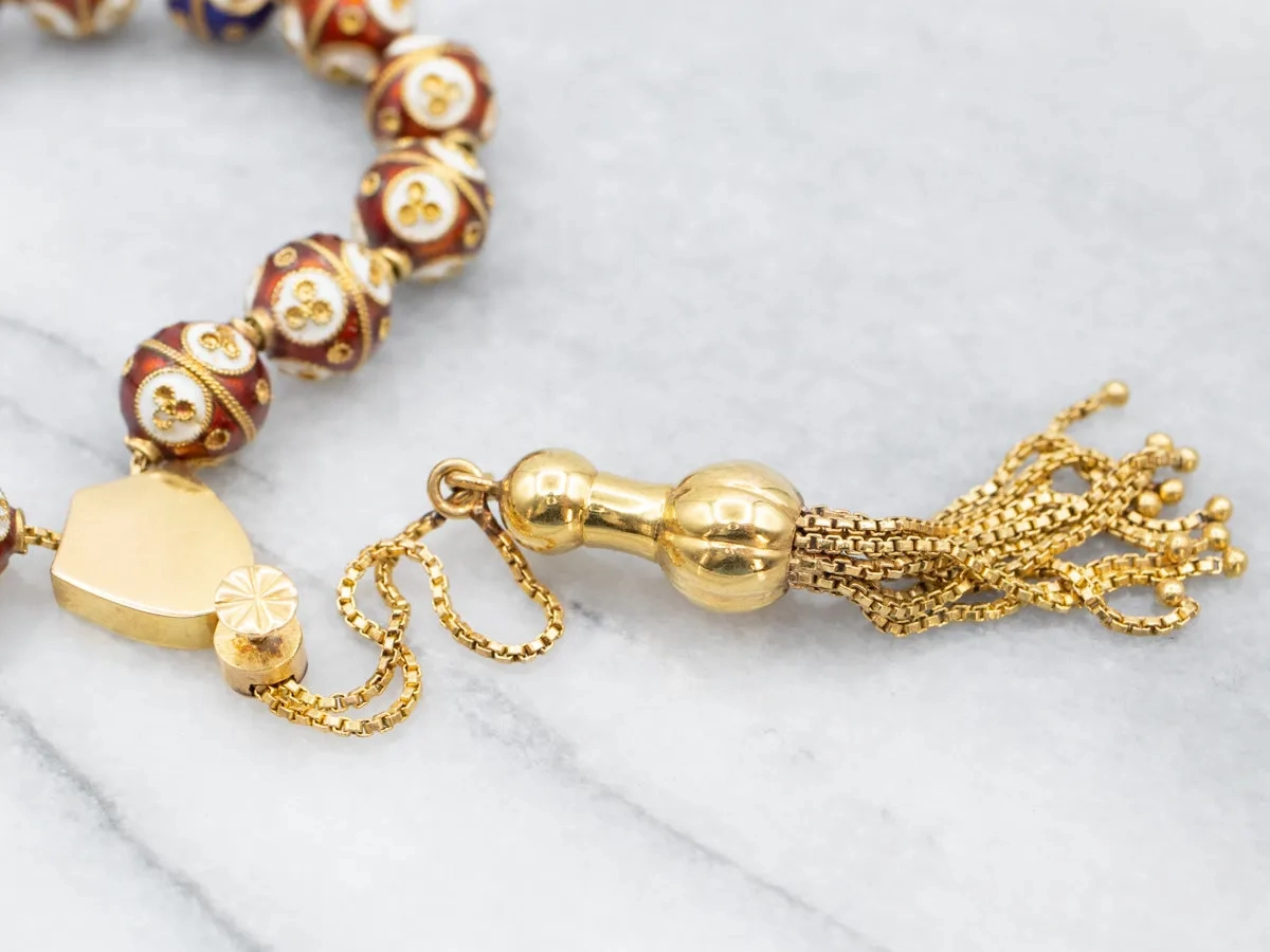 Vintage Cloisonn?? Beaded Gold Tassel Bracelet