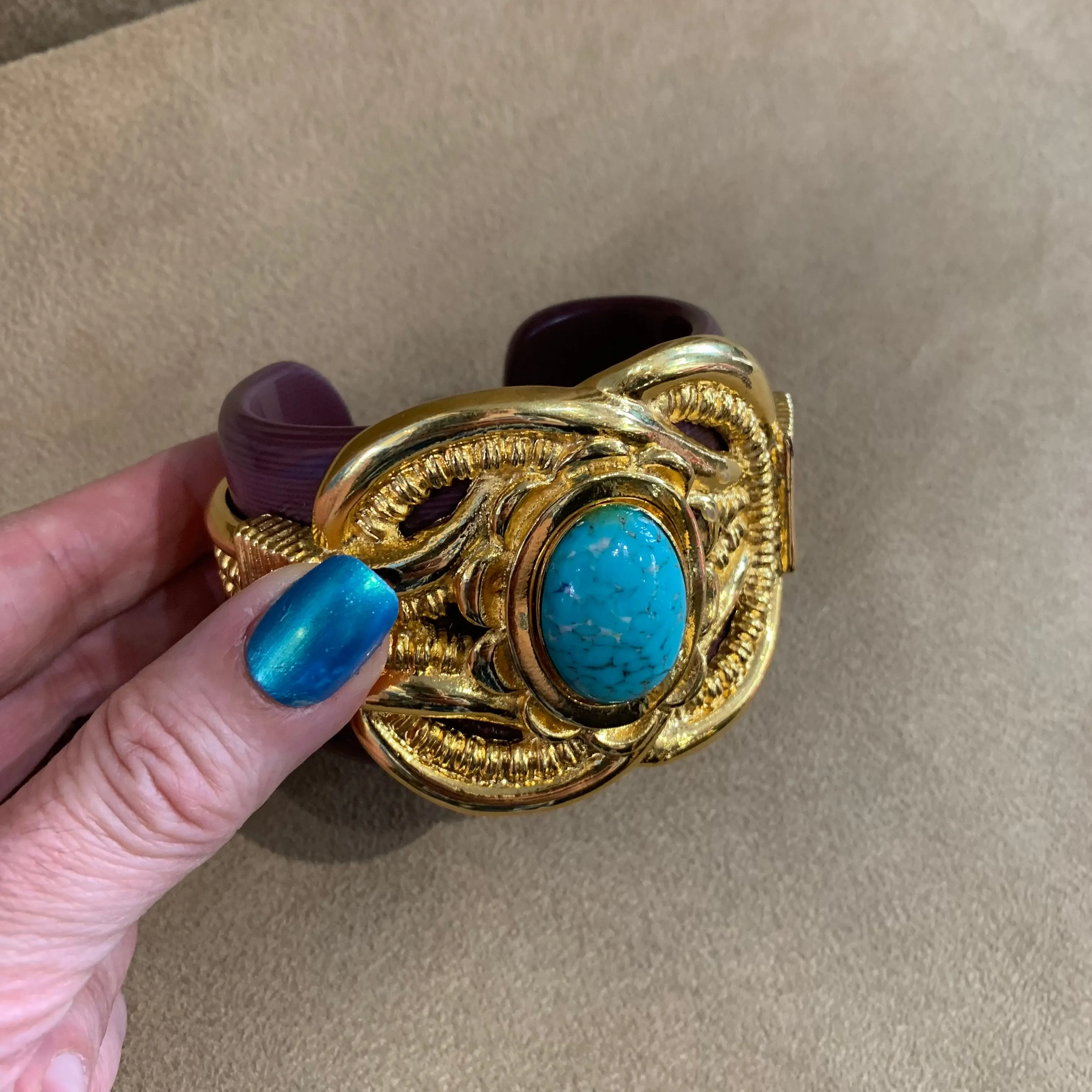 Vintage Escada Bracelet Large Statement Cuff Gold brown turquoise cuff