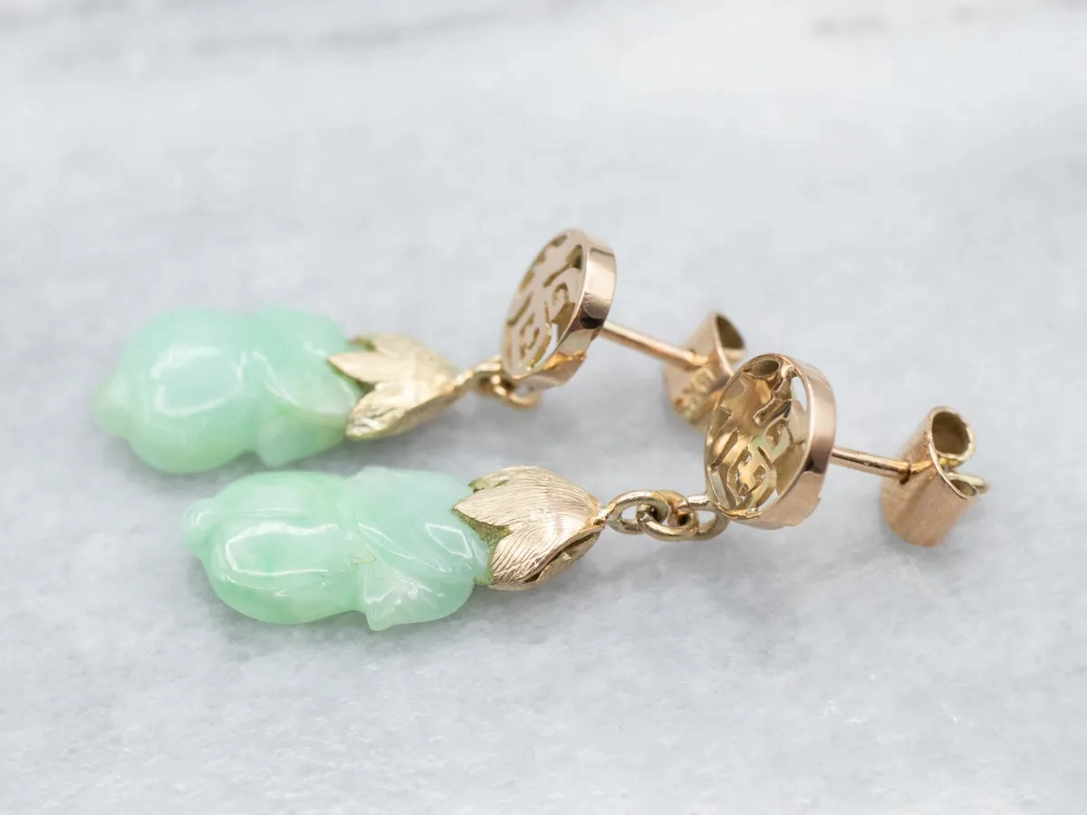 Vintage Gold Ethiopian Carved Jade Drop Earrings